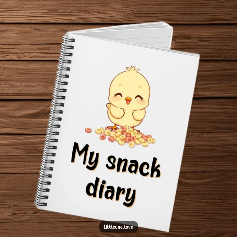 Funny baby chick notebook, happy chick pecking at spilled cereal, cheerful and comical design for writing and journaling.