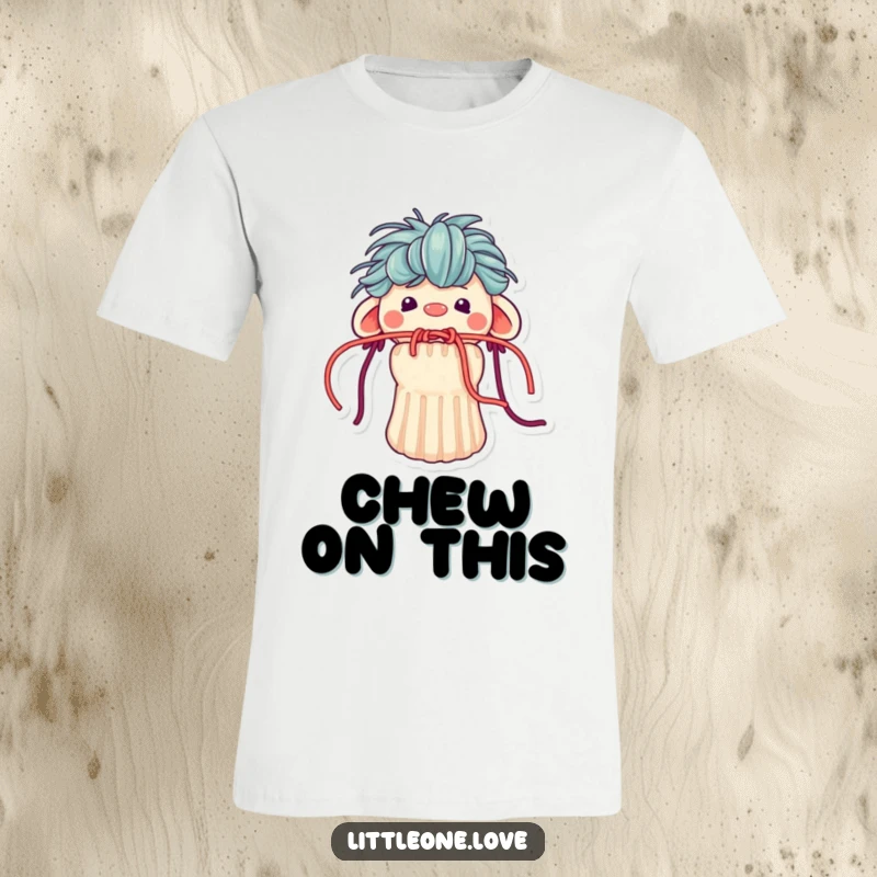 Funny t-shirt with a small sock puppet character, its yarn hair spilling into its mouth, creating a comical tangled expression.