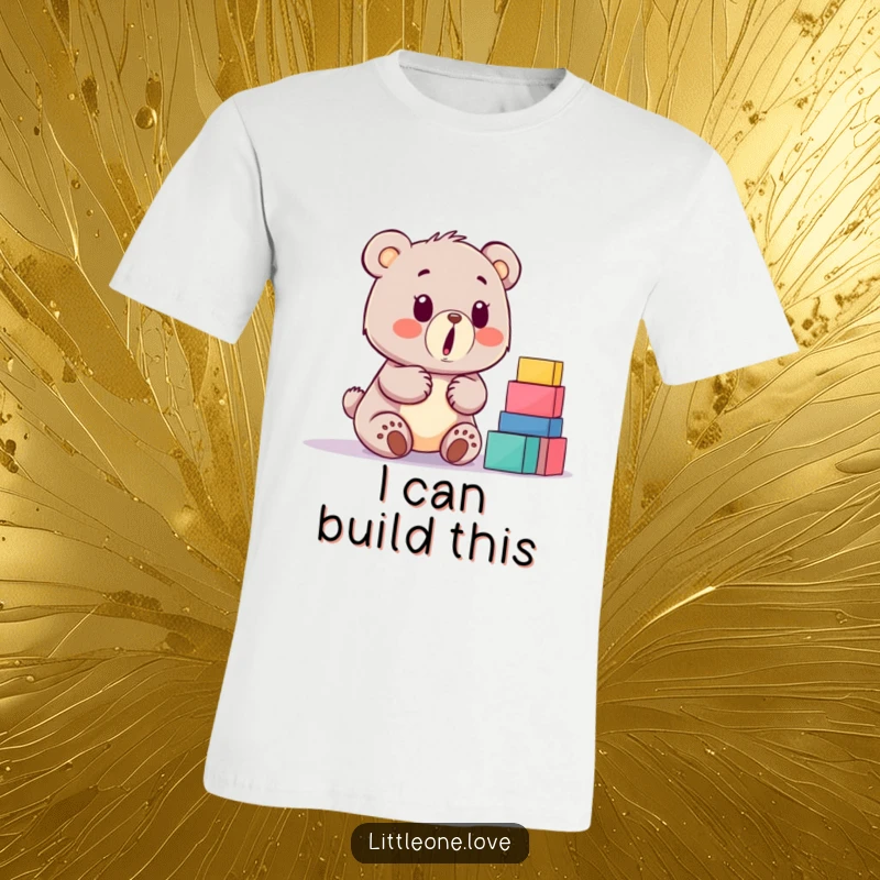 Funny baby bear t-shirt, surprised by a stack of building blocks, cute and comical design, playful bear cub.
