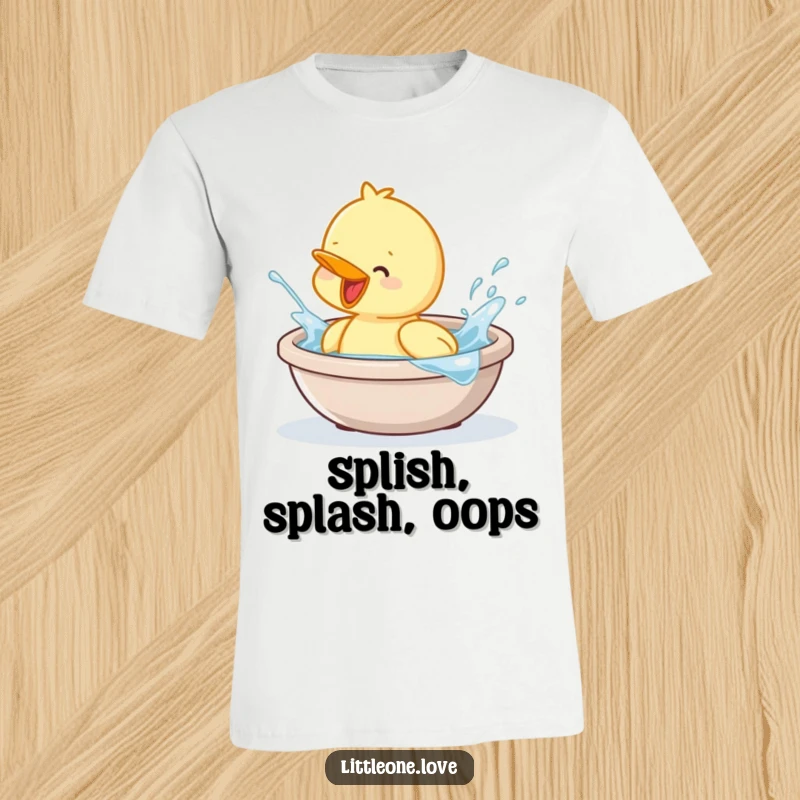 Funny t-shirt featuring a playful baby duckling splashing happily in a small bathtub. Adorable gift idea.