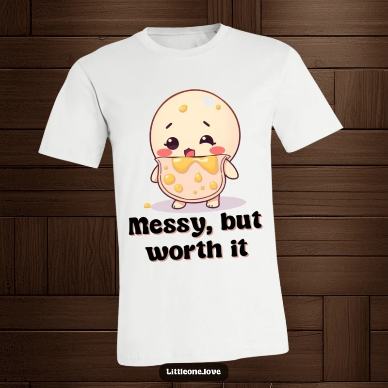Funny t-shirt with a bewildered rubber ball wearing a bib, splattered head to toe in sticky baby food, a comical event.