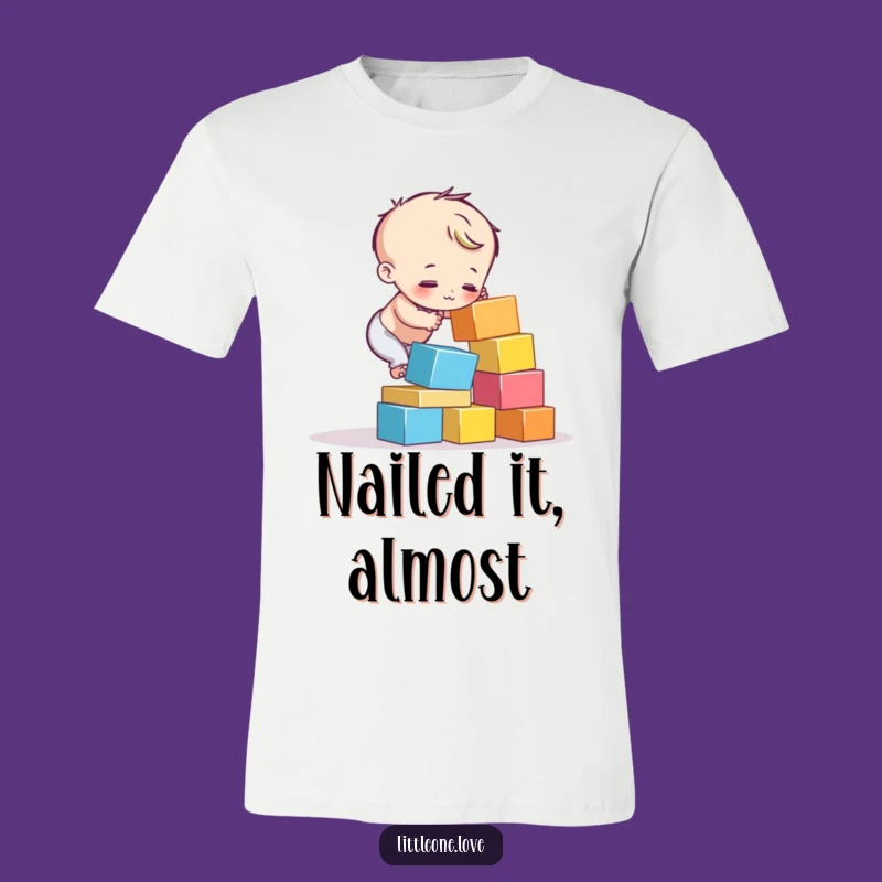 Funny Block Stacking Fail Tee: Child Character T-Shirt, Humorous Gift