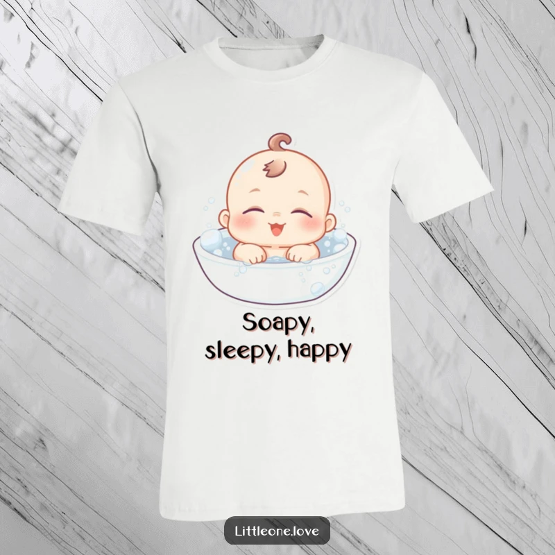 Funny T-Shirt: A plump baby character with half-closed eyes floats contentedly in a tub full of joyful bubbles.