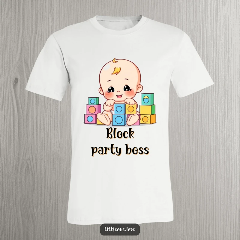 Funny t-shirt depicting a playful baby character joyfully building with colorful blocks, showcasing creativity and a fun spirit.