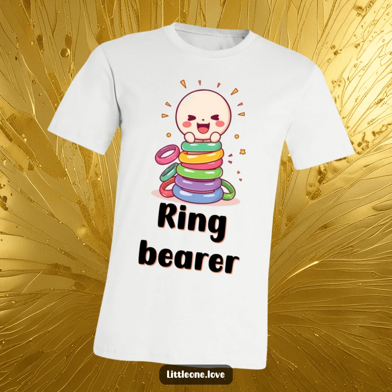 Funny t-shirt with a smiling, sentient baby rattle actively smashing a tall tower of colorful rings, a scene of joyful destruction.