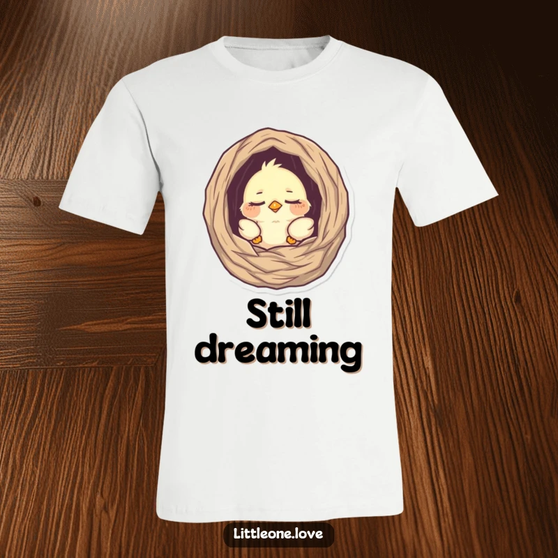 Funny t-shirt featuring a tiny, sleepy baby bird peeking from its nest, highlighting adorable cuteness and a soft, humorous appeal, great gift.