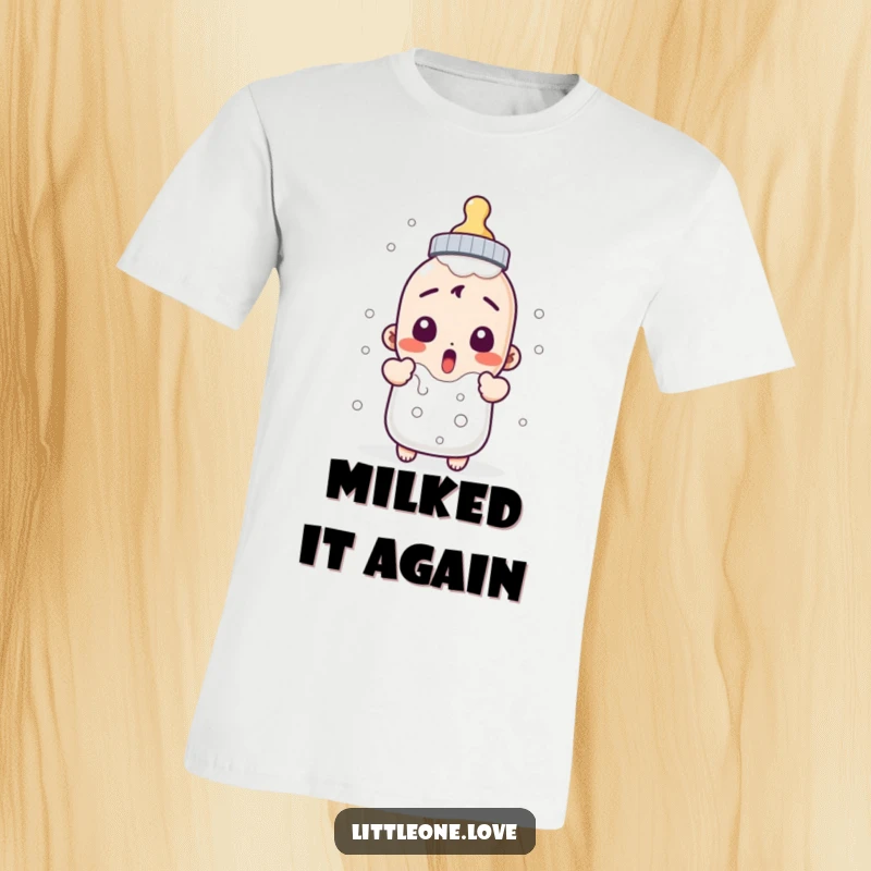 Funny surprised baby bottle character bubbling over with milk, printed on a t-shirt. A humorous gift for parents.