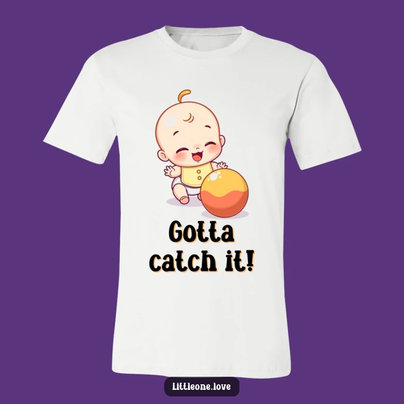Funny Baby T-Shirt: Giggling infant chasing ball with bib, a cute funny gift tee