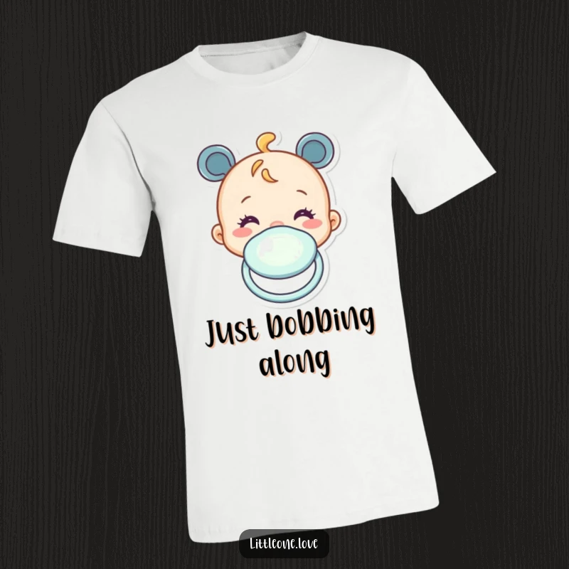 Funny t-shirt with a cheerful baby pacifier character bobbing up and down. A humorous and cute design.
