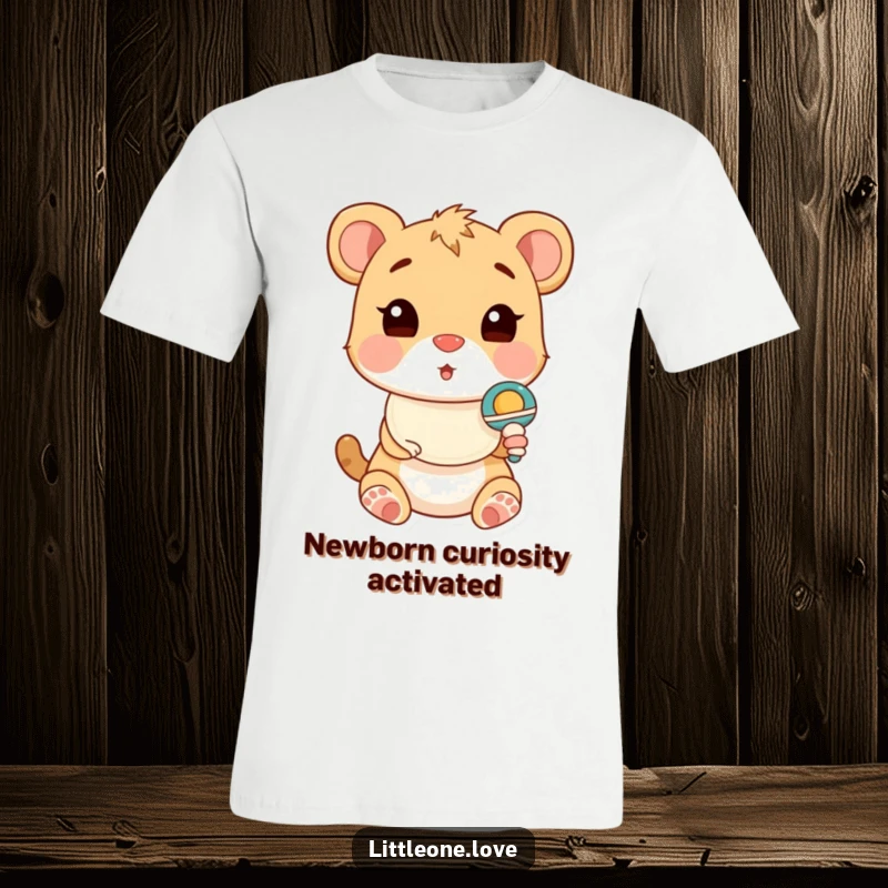 Funny T-Shirt with a cute baby animal in a bib, wide-eyed and comically surprised by the presence of a toy rattle.