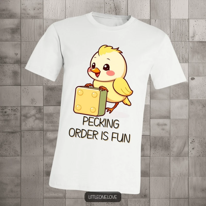 Funny t-shirt with a cheerful baby bird character pecking at a colorful block, showcasing cuteness and humor, great funny gift.