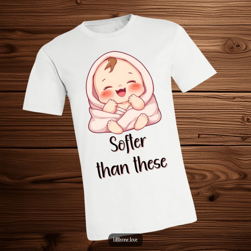 Funny t-shirt with a chubby baby character joyfully gurgling while swaddled in plush, soft blankets. Cute and cozy.