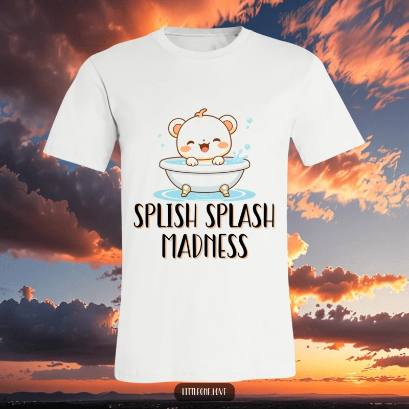 Funny baby animal character gleefully splashing in a miniature bathtub, depicted on a soft and comfortable t-shirt.
