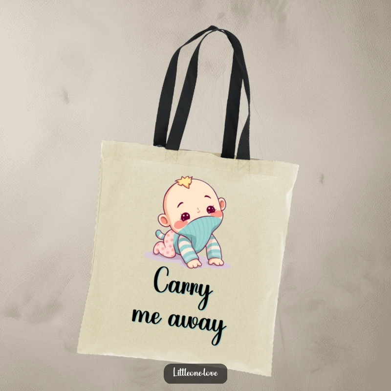 Funny tote bag with a mischievous baby sock puppet attempting to crawl away, combining practicality with a humorous, playful escape theme, perfect gift.