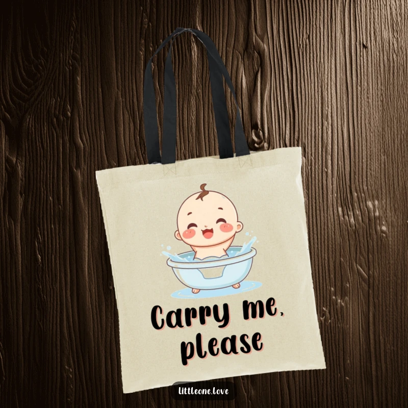 Funny small, round baby in a diaper gleefully splashing in a tiny tub, on a sturdy tote bag.