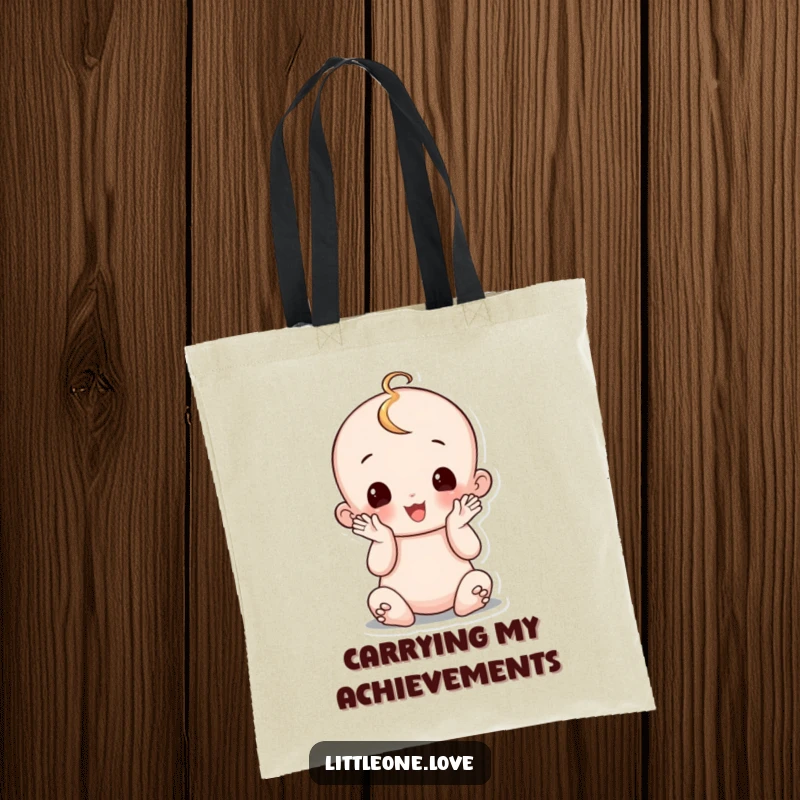 Funny wobbly baby tote bag, sitting up and clapping hands, celebrating milestones, cute and practical accessory.