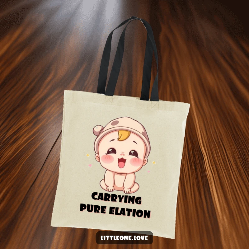 Funny tote bag showcasing a surprised baby character wearing a tiny hat, mid-squeal, perfect for a humorous and functional accessory.