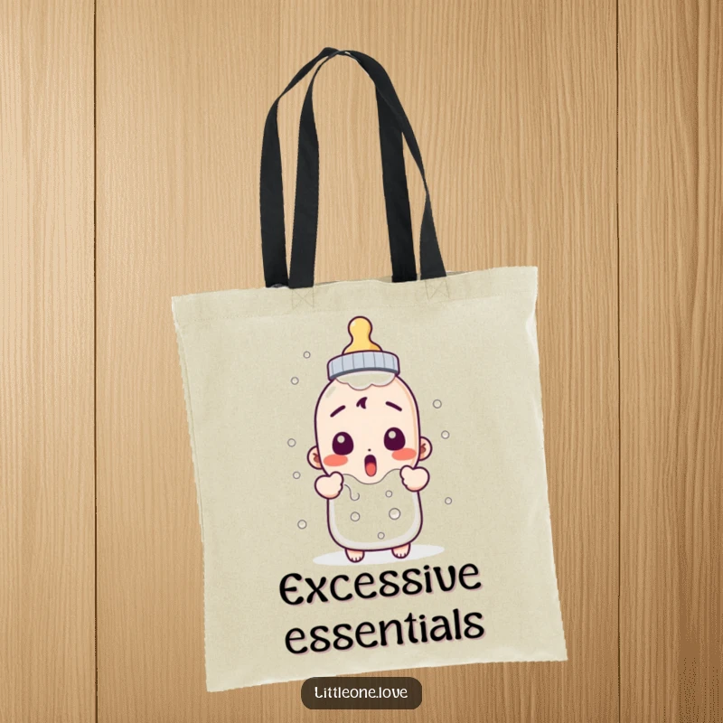 Funny tote bag with a surprised baby bottle character overflowing, perfect for carrying essentials with humor. Ideal gift.