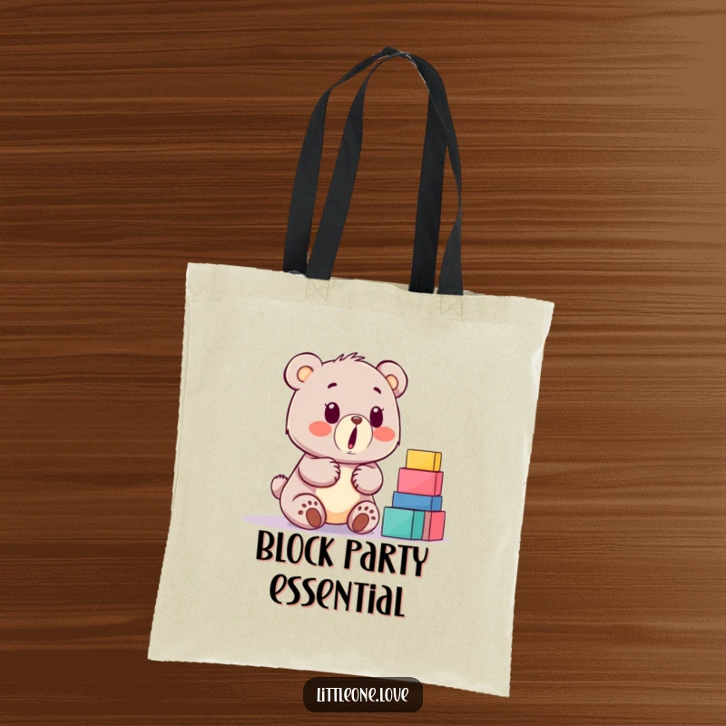 Funny baby bear tote bag, surprised reaction to a stack of building blocks, cute and practical accessory for carrying essentials.