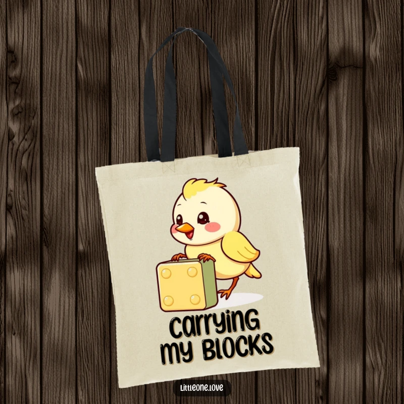 Funny tote bag with a cheerful baby bird character pecking at a colorful block, carrying cuteness and charm, a great funny gift.