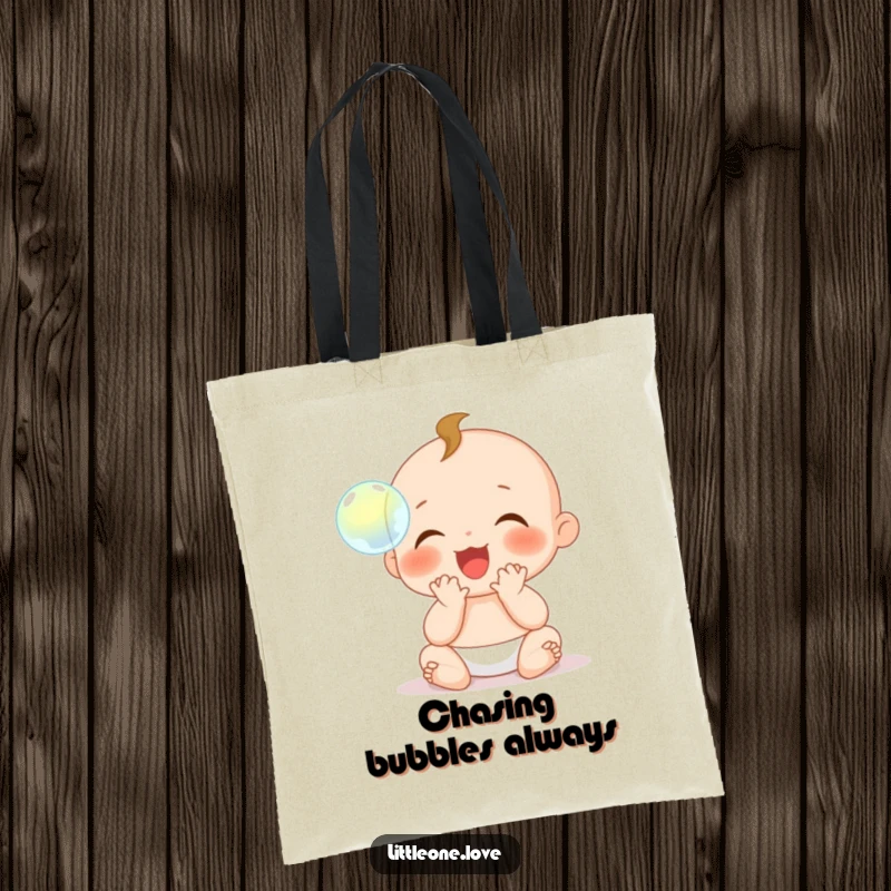 Funny Tote Bag: A baby character with tiny hands claps gleefully, mesmerized by a single, beautifully floating bubble.
