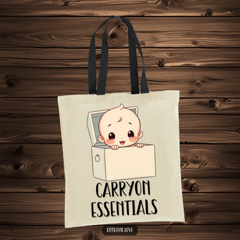 Funny tote bag with a diapered baby peeking out of a toy box, practical and humorous accessory.