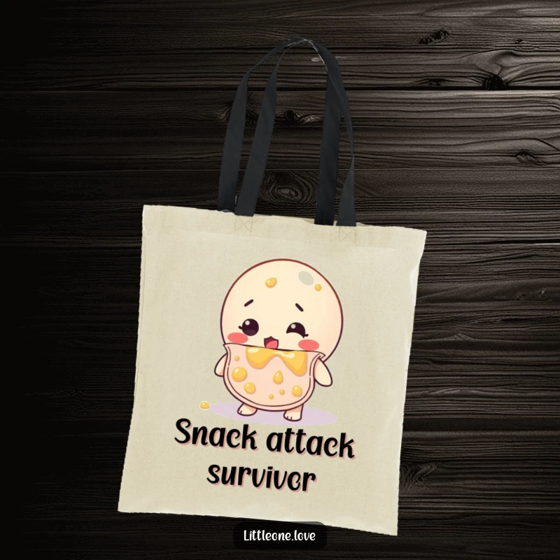 Funny tote bag showcasing a bewildered rubber ball in a bib, absolutely covered in baby food, a practical and humorous accessory.