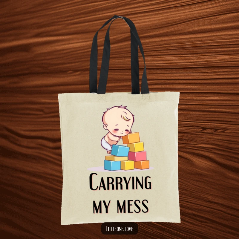 Funny tote bag illustrating a small child character's colorful block tower tumbling down. Humorous and relatable design.