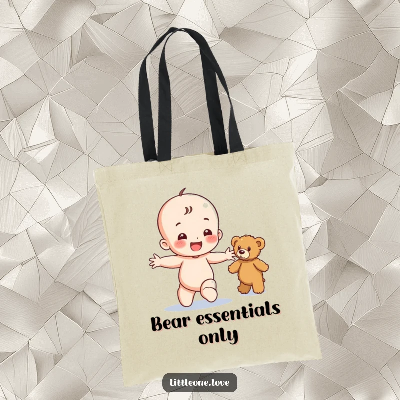 Funny tote bag showing a happy baby character joyfully toddling with outstretched arms towards a fuzzy teddy bear, perfect for carrying essentials.