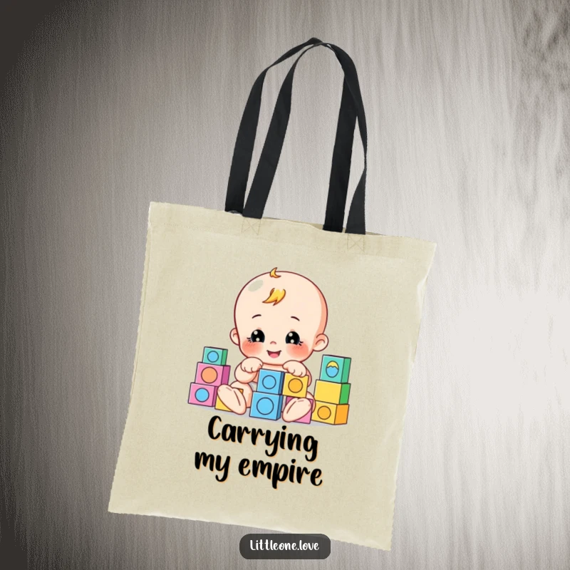 Funny tote bag showcasing a playful baby character building with colorful blocks, perfect for a humorous and functional accessory.