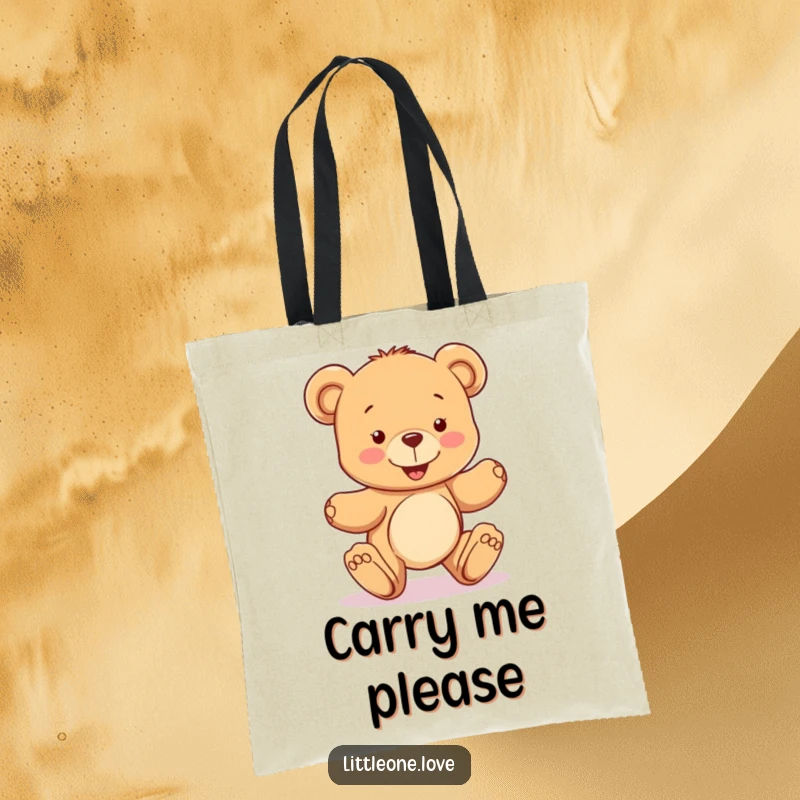 Funny tote bag with a happy teddy bear character learning to take wobbly steps, combining practicality with a theme of adorable progress and encouragement, perfect gift.